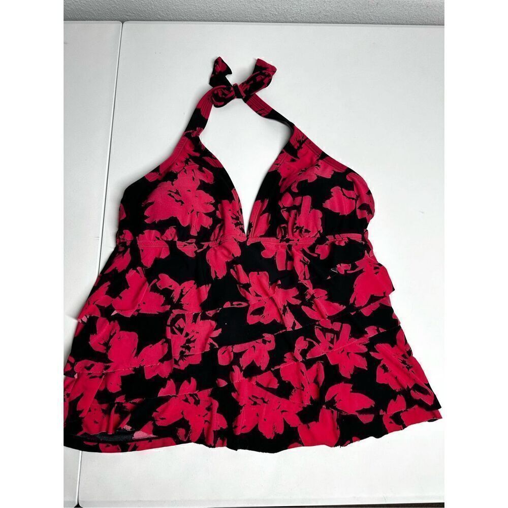 Aqua Green Ruffled Tiered Halter Tankini Sz L Tropical Floral Coral/ Black *Note